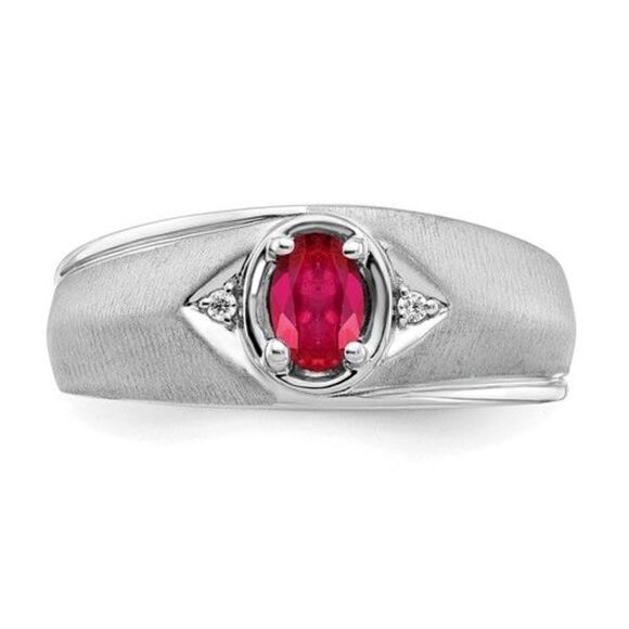 14k White Gold Oval Ruby and Diamond Mens Ring - Picture 7 of 8
